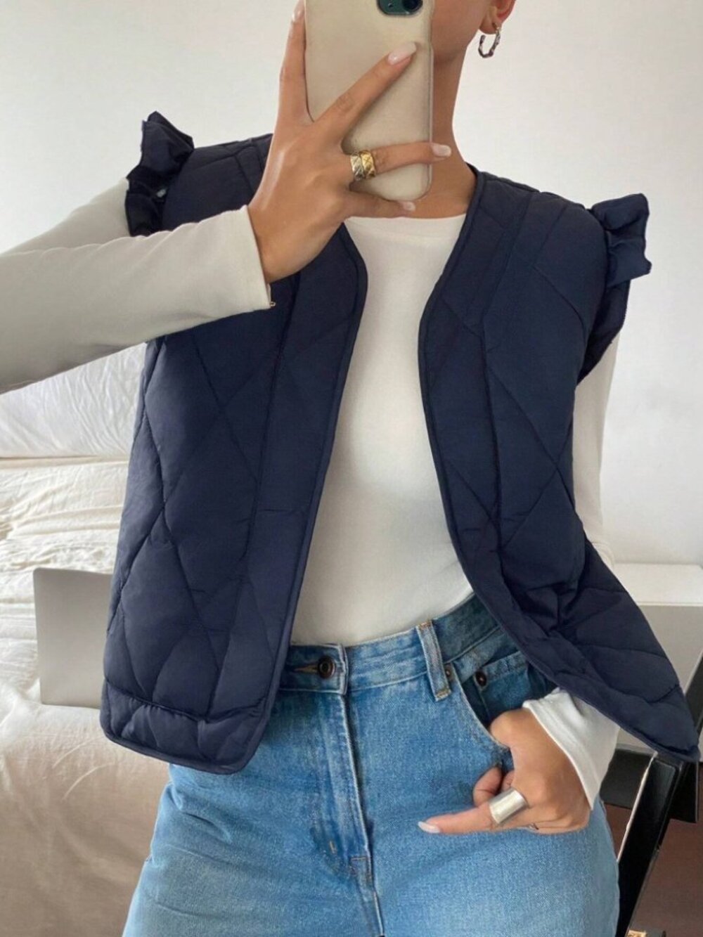 Navy Quilted Puffer Vest with Ruffle Trim Shoulders